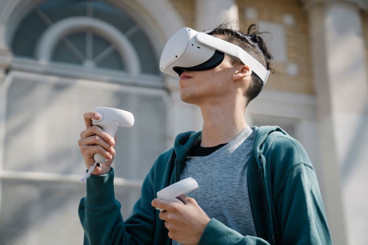 A person wearing a virtual reality headset